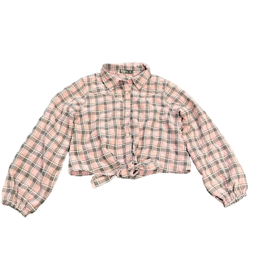 3/20$ Girls pink plaid cropped shirt with tie front and “pearls” size 10